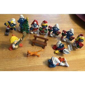 12 Christmas Smurfs Vintage Figure PVC Figurine Hong Kong Azrael Bench Pewit